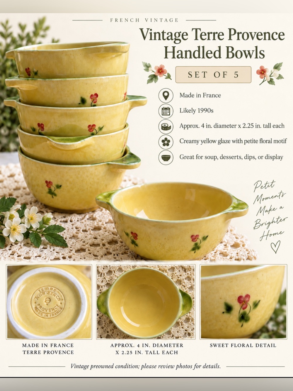 Rare Vintage Terre Provence Floral Handled Bowls | Set of 5 | Made in France